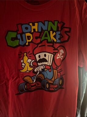 Johnny Cupcakes Red Tee with Colorful Cartoon Racer Graphic
